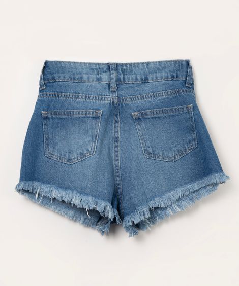 short juvenil jeans cintura alta brilho azul médio