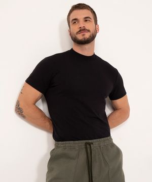 camiseta de algodão slim manga curta gola alta preto