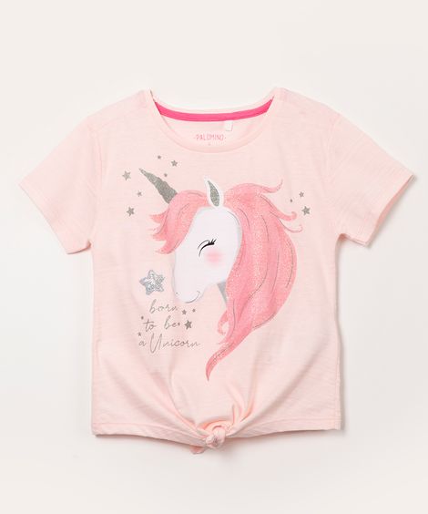 blusa infantil manga curta com amarração unicórnio rosa