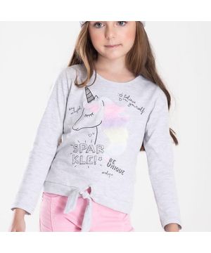 Blusa Infantil Menina Cotton Unicórnio Cinza Serelepe