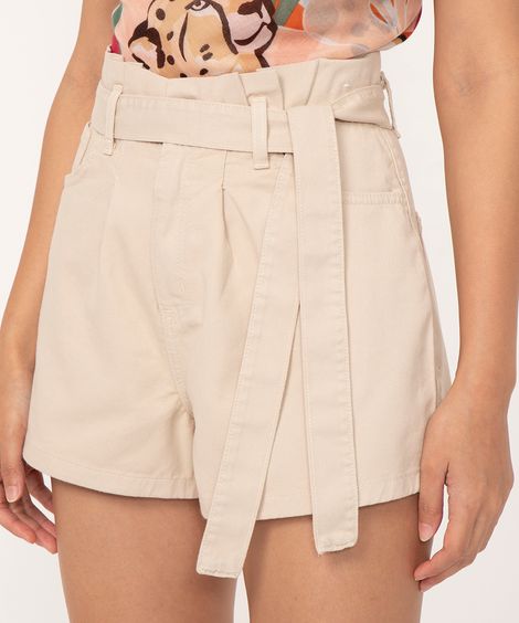 short clochard de sarja cintura super alta bege médio