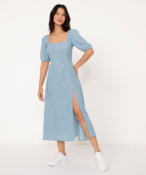 vestido jeans midi manga bufante com amarração azul claro