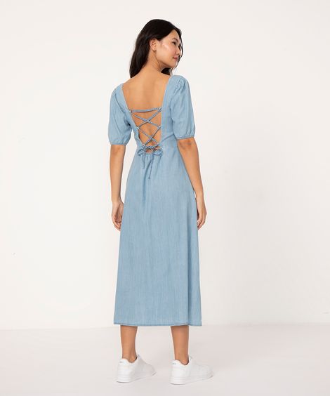 vestido jeans midi manga bufante com amarração azul claro
