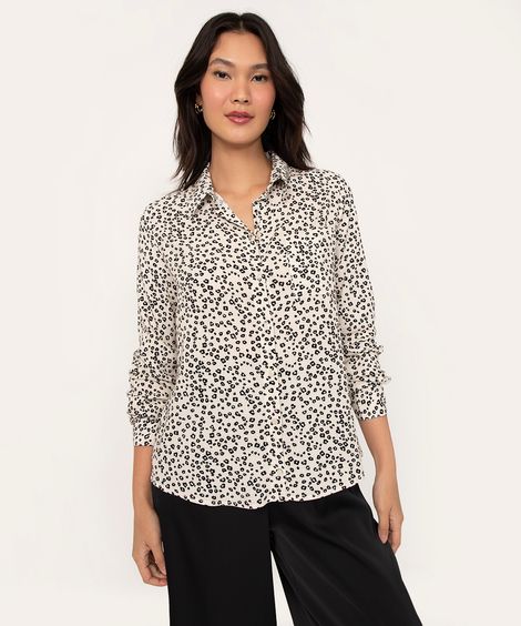 camisa de viscose animal print manga longa off white