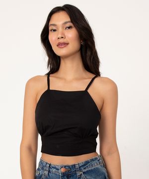 top cropped halter neck com amarração preto