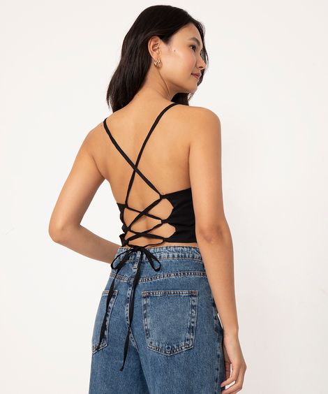 top cropped halter neck com amarração preto
