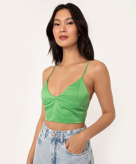 top cropped de cetim decote V verde