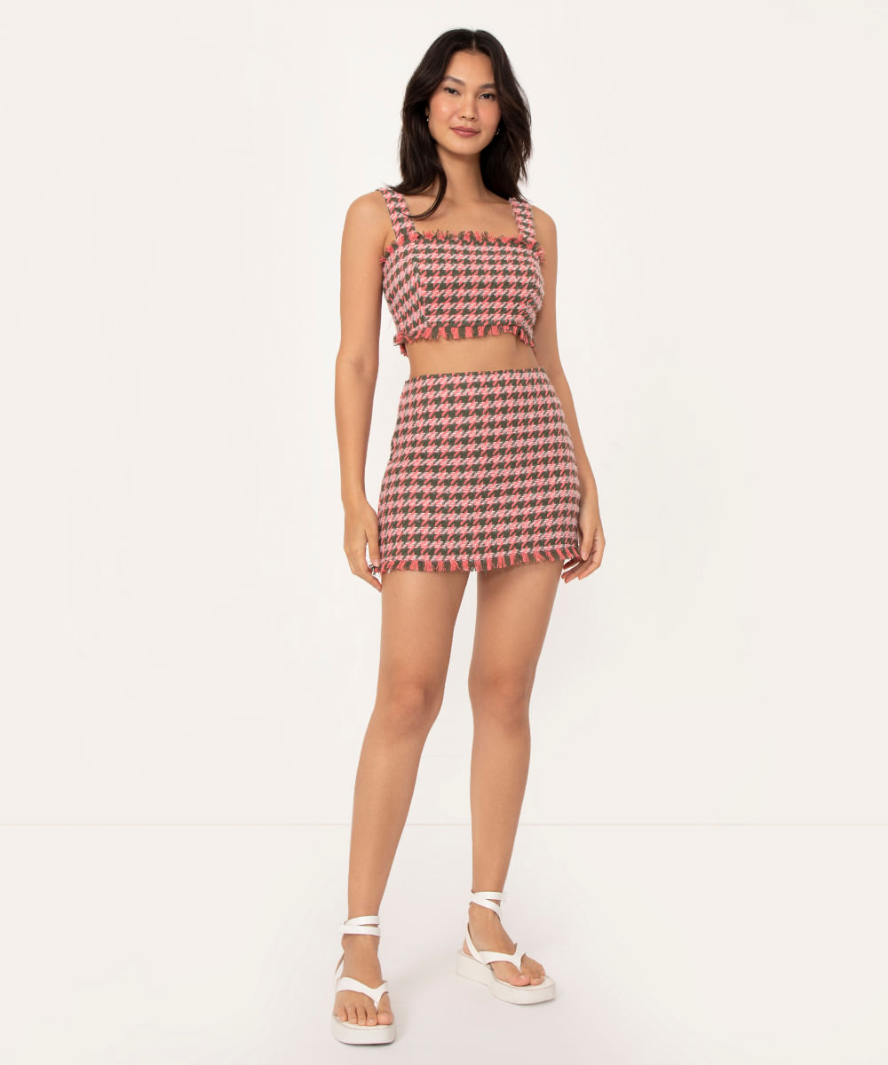 top cropped de tweed alça larga rosa