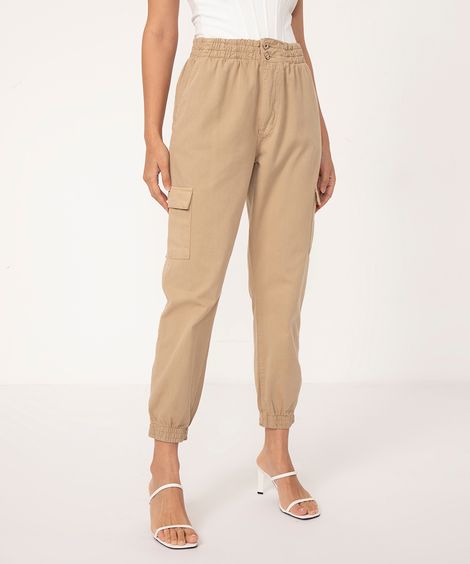 calça jogger cargo de sarja cintura alta kaki