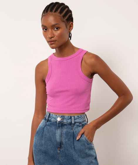 Regata Cropped Canelada Decote Redondo Mindset Rosa