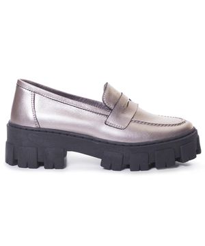 Mocassim Couro Oxford Feminino Tratorado Conforto Moderno Q&A Prateado