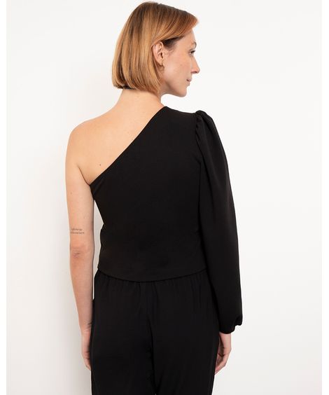 blusa ombro único manga bufante mindset preto