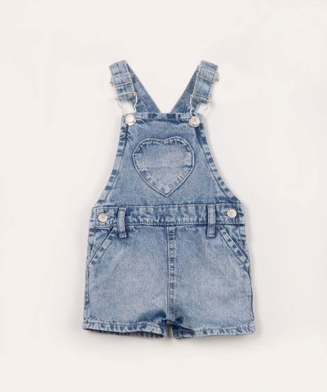jardineira jeans infantil coração azul claro