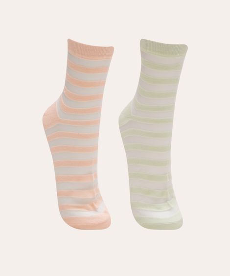 kit de 2 pares de meias cano médio listrada com tule  multicor