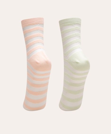 kit de 2 pares de meias cano médio listrada com tule  multicor