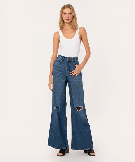 calça jeans wide destroyed cintura super alta azul escuro