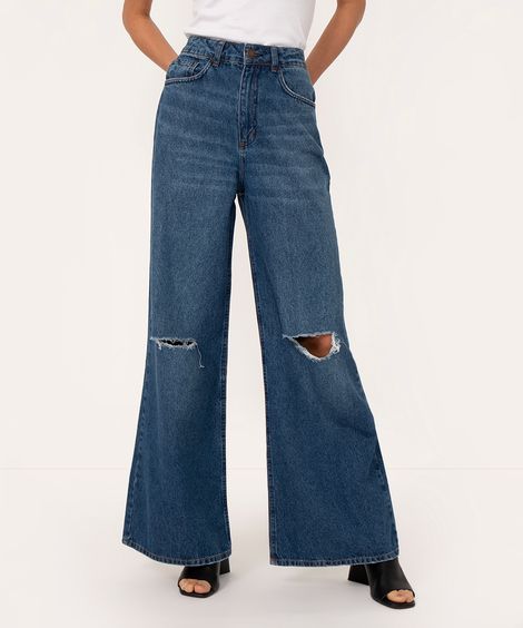 calça jeans wide destroyed cintura super alta azul escuro