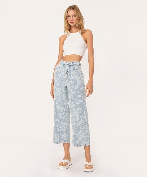 calça jeans wide cropped cintura super alta floral azul claro