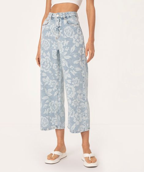 calça jeans wide cropped cintura super alta floral azul claro