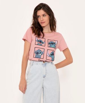 camiseta de algodão manga curta stitch rosa