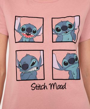 camiseta de algodão manga curta stitch rosa