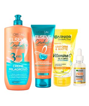 Garnier e Elseve Cachos Kit Gel de Limpeza Facial e Sérum Facial e Creme Noturno e Creme Milagroso 3 em 1