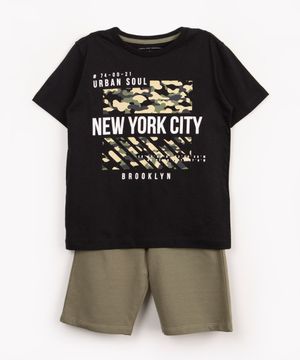 conjunto infantil de algodão manga curta new york preto