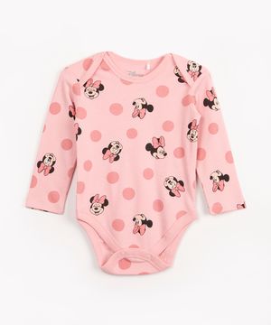 body infantil de algodão manga longa minnie mouse  rosa