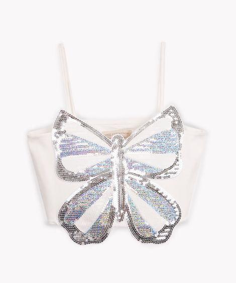 regata juvenil cropped borboleta com paetê off white