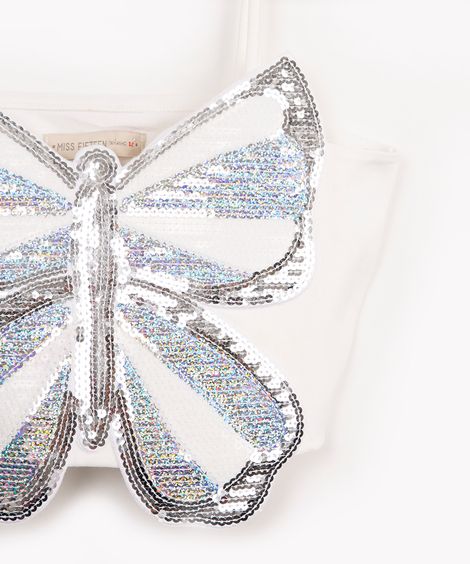 regata juvenil cropped borboleta com paetê off white