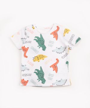 camiseta infantil de malha dinossauros manga curta off white