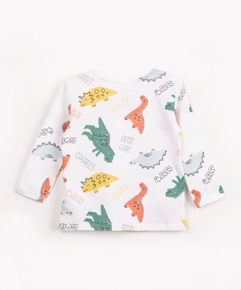 camiseta infantil de malha dinossauros manga longa off white