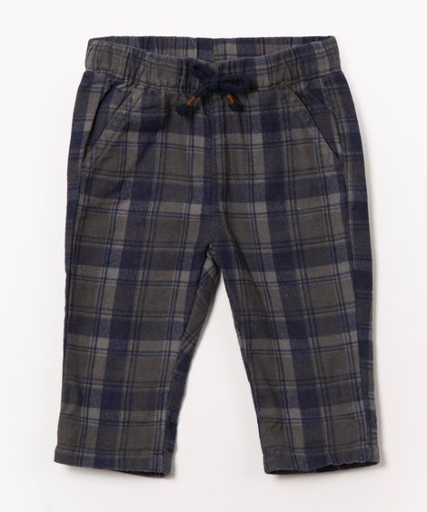 calça infantil de algodão xadrez  azul marinho