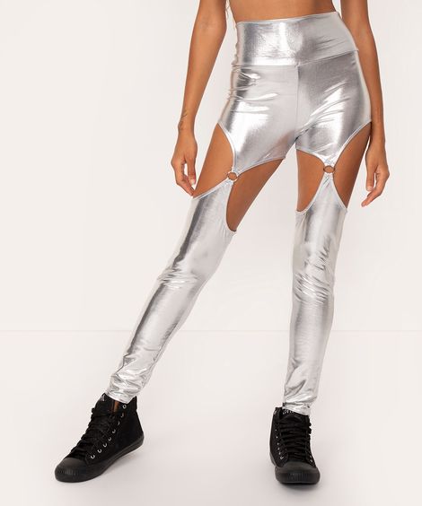 calça legging metalizada com argola ohlograma prata
