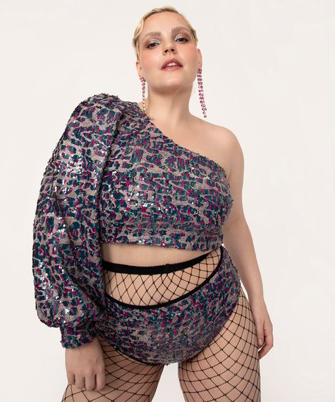 blusa cropped paetê manga única bufante ohlograma multicor