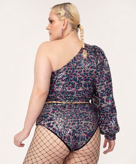 blusa cropped paetê manga única bufante ohlograma multicor