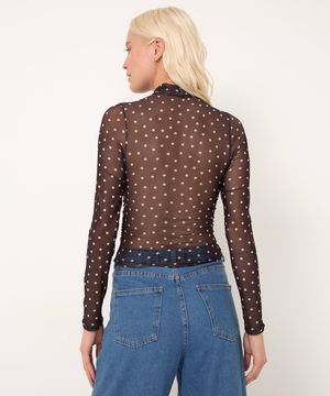 blusa de tule poá com franzido preta