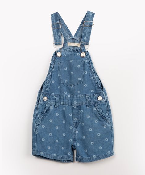 jardineira infantil jeans floral azul médio