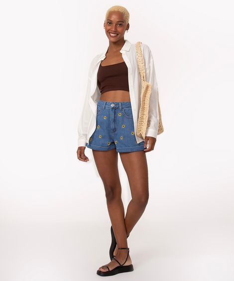 short jeans mom cintura super alta girassol azul escuro