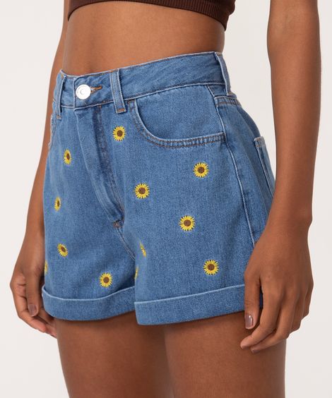 short jeans mom cintura super alta girassol azul escuro