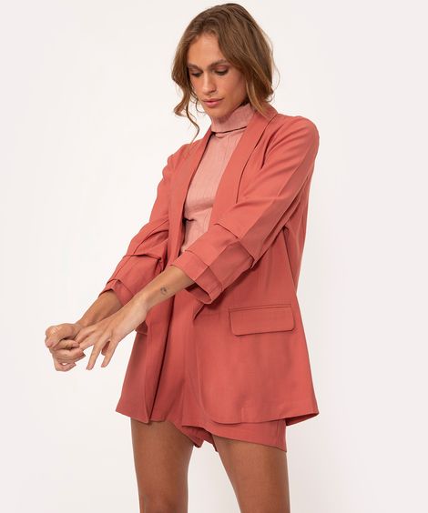 blazer alongado manga franzida rosa escuro