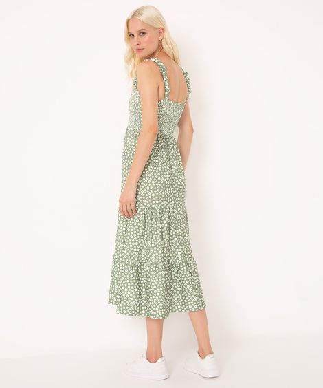 vestido midi decote reto floral verde