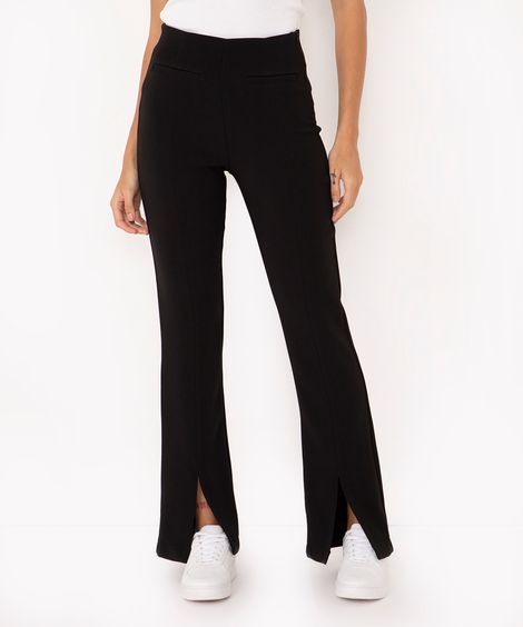 calça flare de malha cintura média com fenda preta