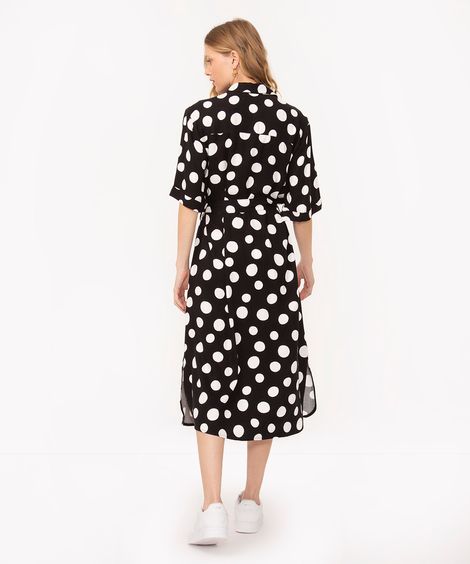 vestido chemise de viscose midi manga curta poá preto
