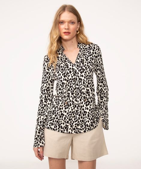 blusa de viscose animal print manga longa off white