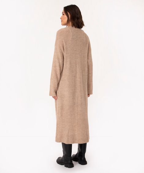 cardigan alongado de tricô com bolsos bege