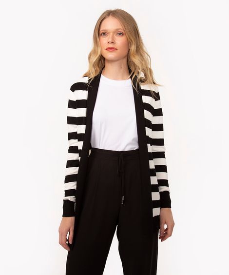 cardigan de tricô listrado detalhe canelado branco