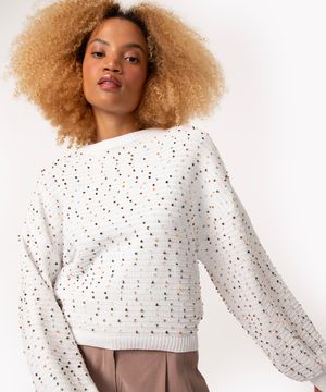 suéter de tricô bolinhas decote redondo off white