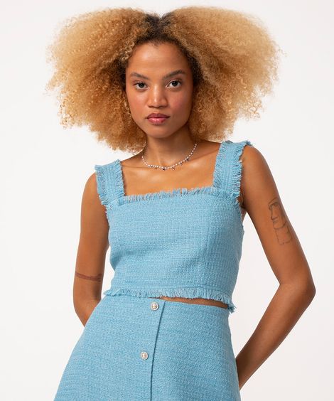 top cropped de tweed alça desfiada azul claro