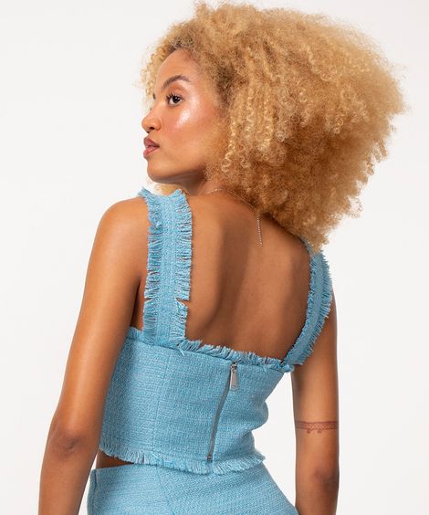 top cropped de tweed alça desfiada azul claro